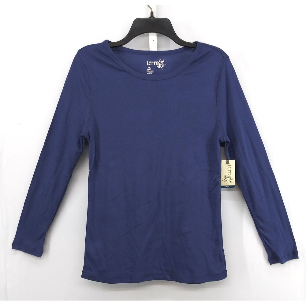 Terra & Sky Shirt Women Plus Size 14W Blue Striped Long Sleeve Knit Top